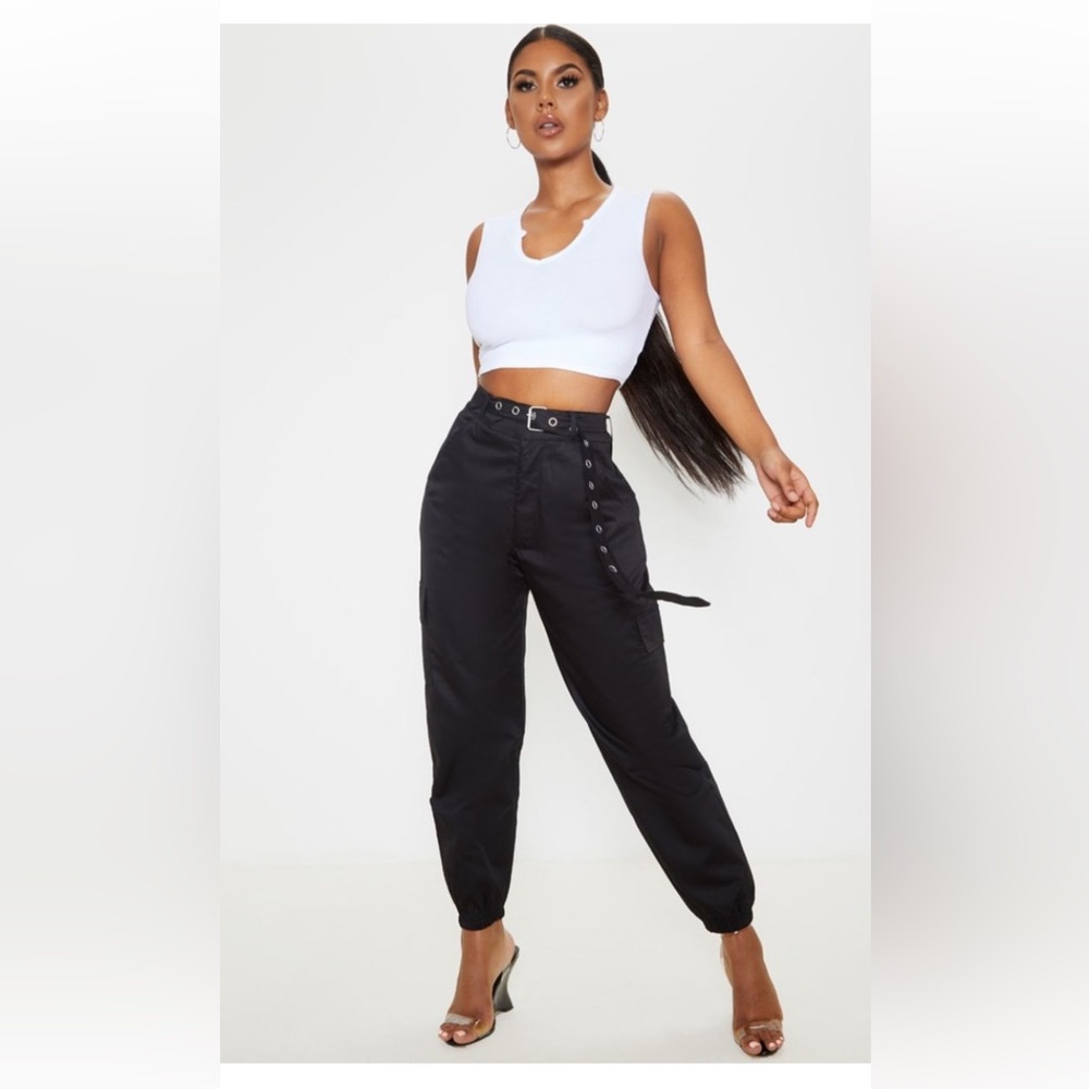 PrettyLittleThing Black Eyelet Detail Belted Cargo Trousers